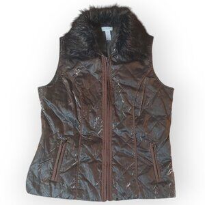 Chico's Women Removable Fur Collar Quilted Vest Metallic Brown Bronze -Size 2